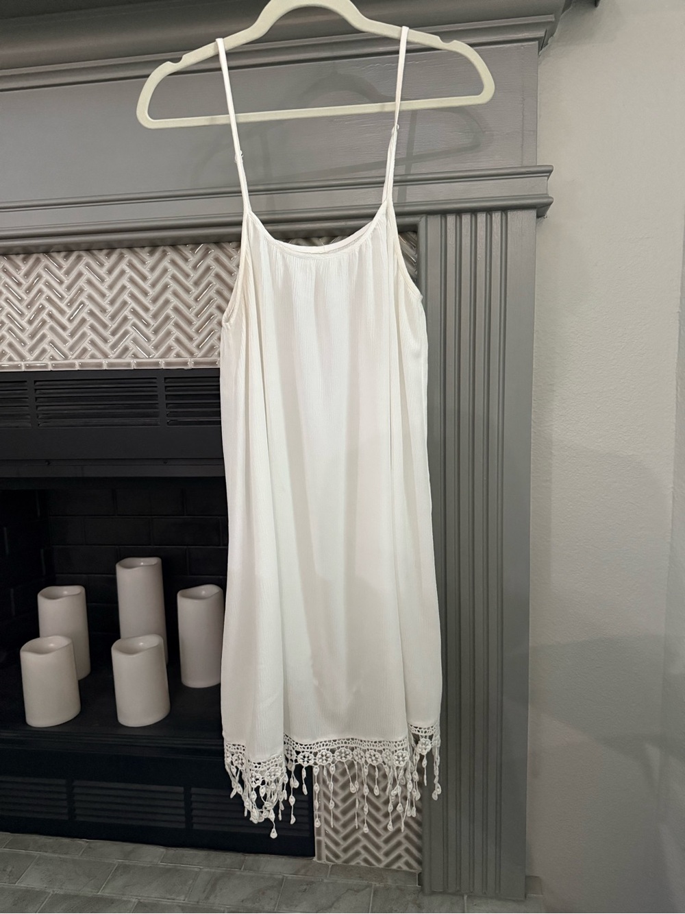 White Crochet-Hem Swim Chemise with Tassel Detail